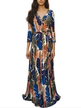 Janette Tropical Leaf Print V-Neck Maxi Dress Blue Brown Flowy Summer Sz XL